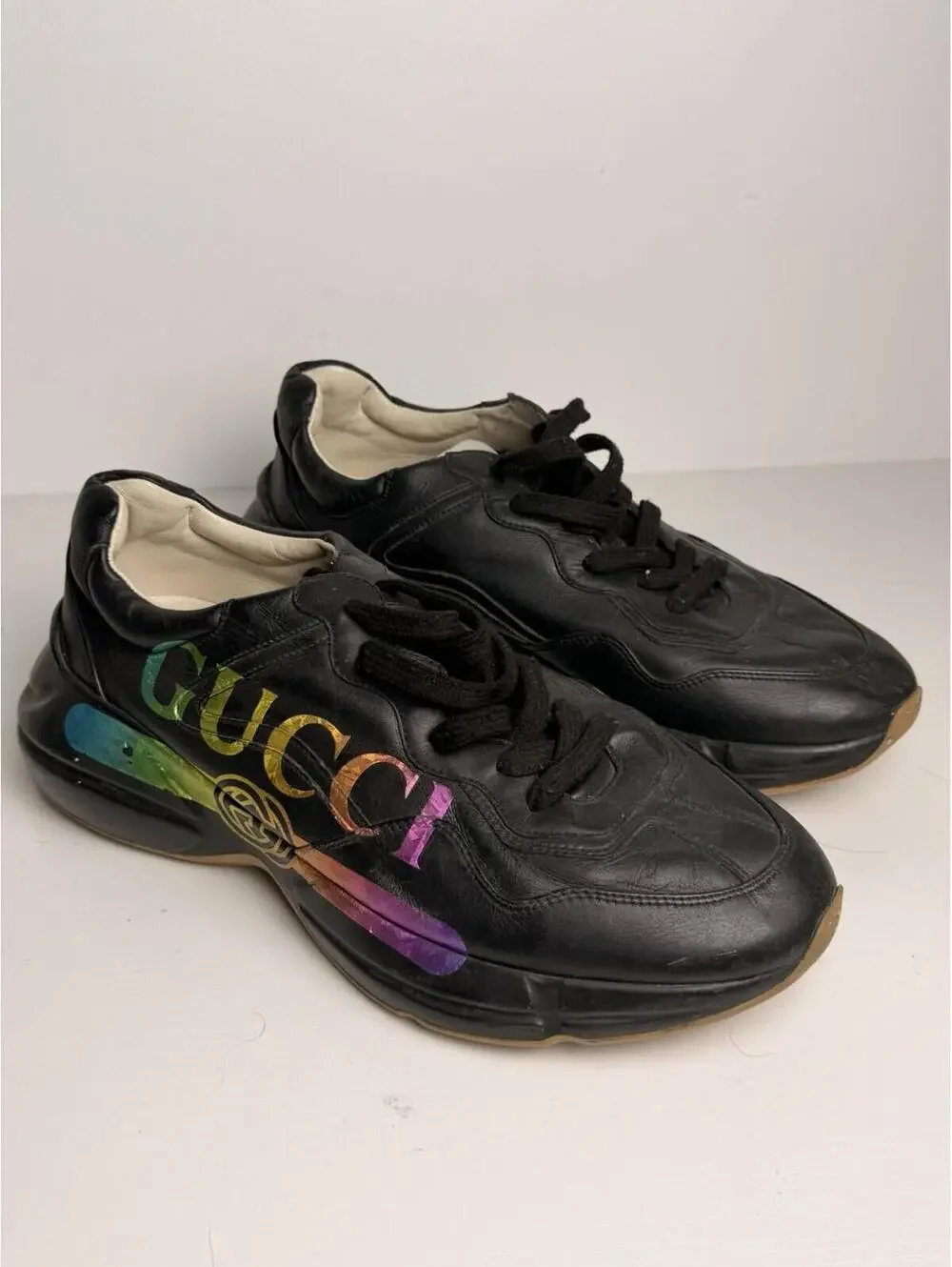 Gucci Rhyton Rainbow Logo Leather Sneakers Black SZ 10 Good